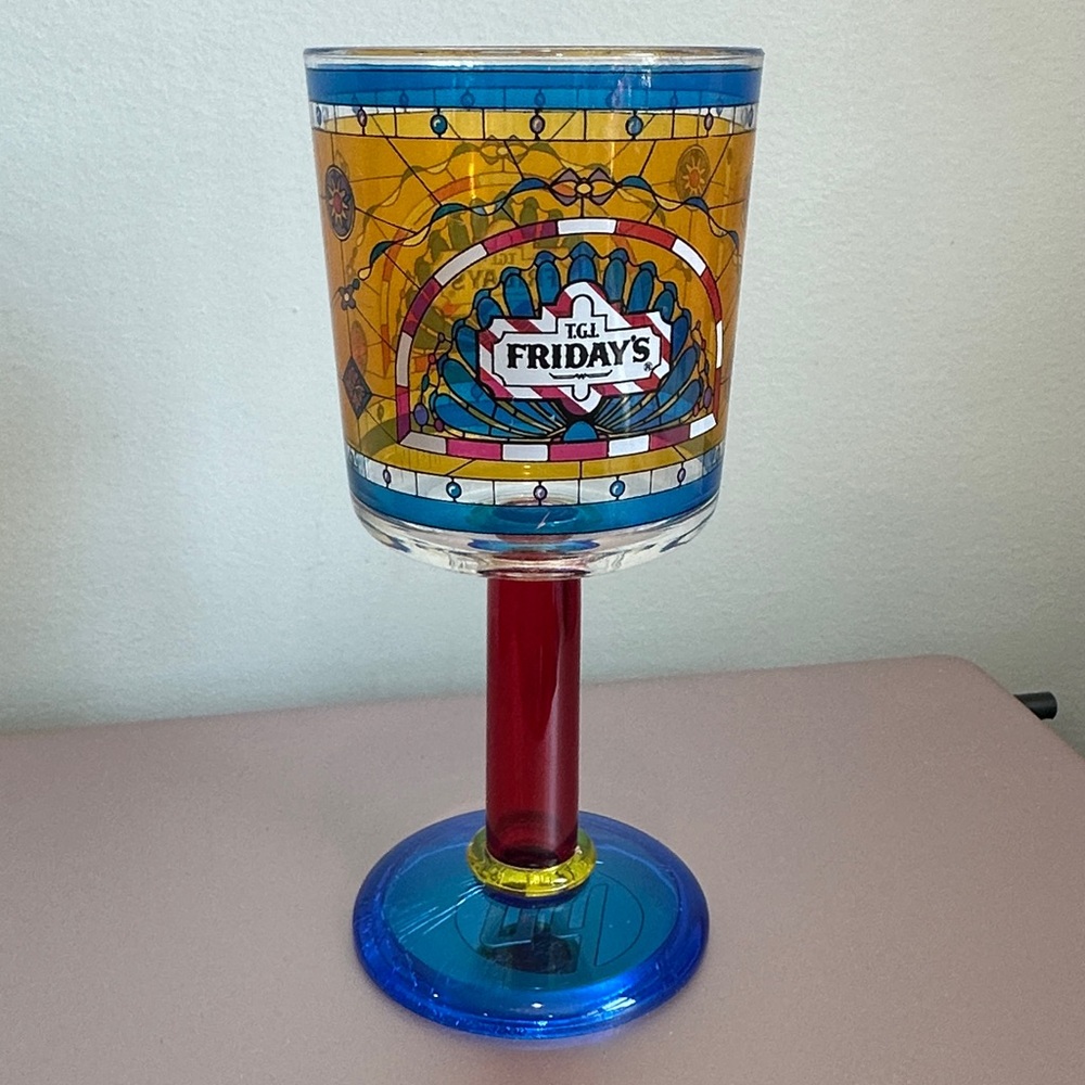 TGI Fridays Plastic Footed Goblet Cup Retro 1995 Stained Glass Design